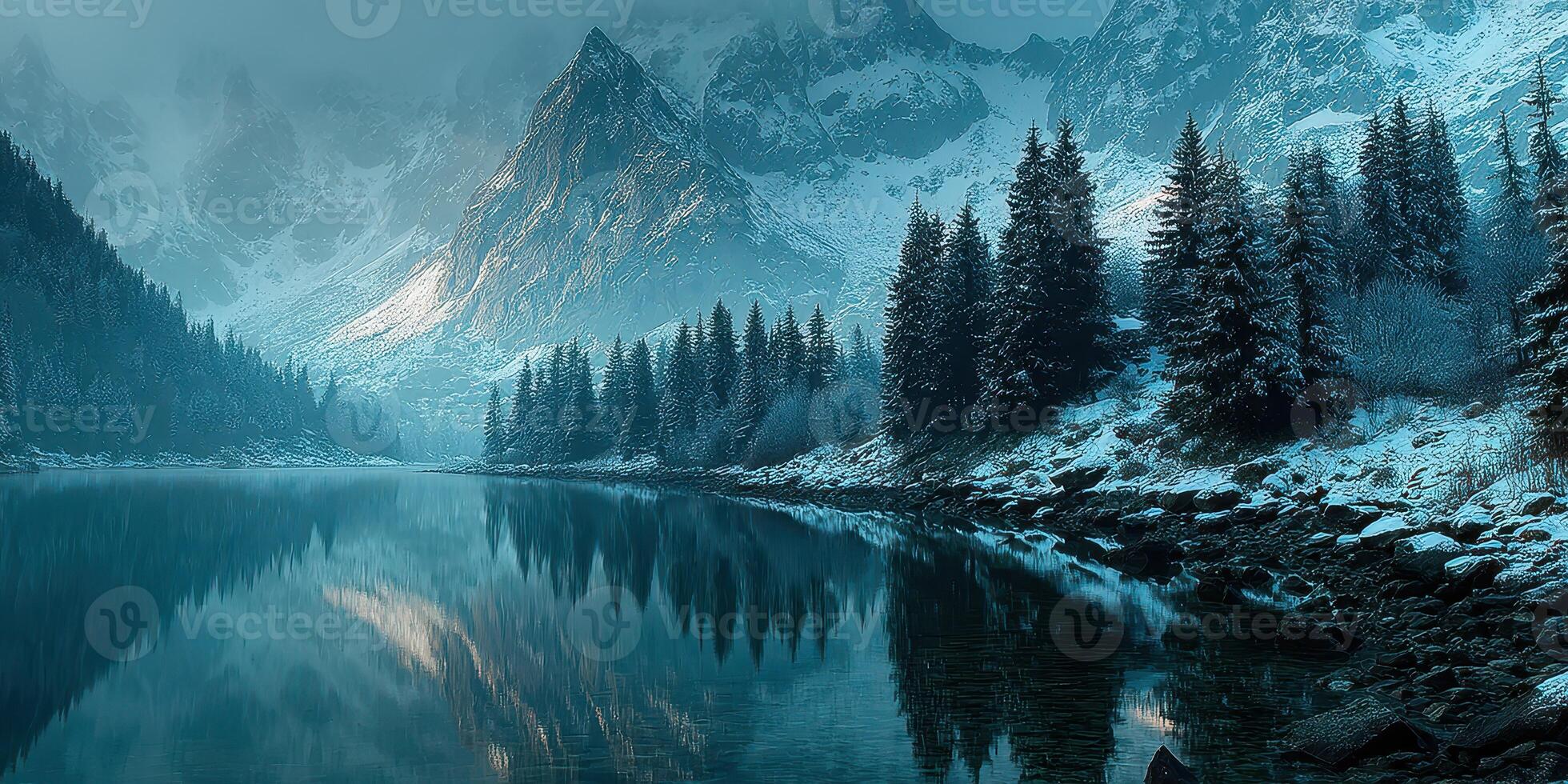 Snow-covered mountains with a tranquil lake reflecting the landscape during early morning light photo