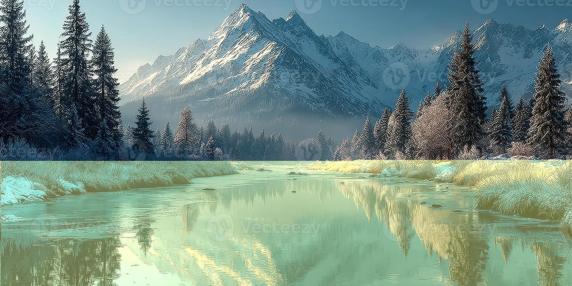 Winter landscape with snowy mountains and river reflecting in tranquil waters at dusk photo