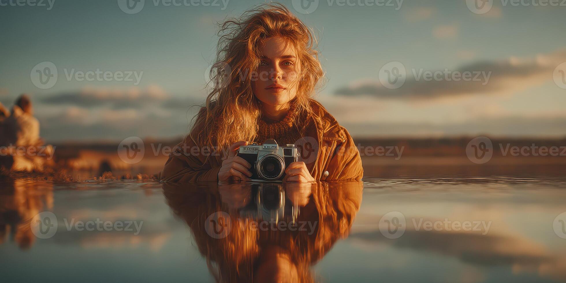 Capturing reflections at sunset near a serene lake with a vintage camera in hand photo