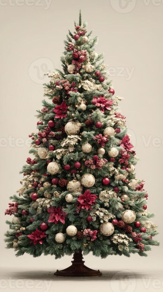 Decorated Christmas tree with red and white ornaments in a cozy indoor setting during the festive season photo