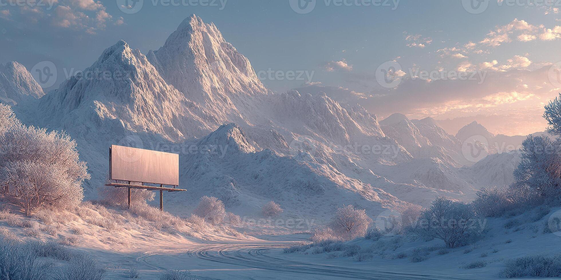 Snow-covered mountains create a serene landscape with a blank billboard at sunset in a tranquil winter setting photo