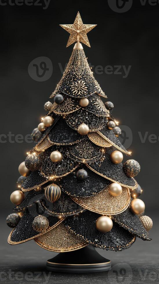 Unique black and gold Christmas tree displaying artistic design and festive decorations photo
