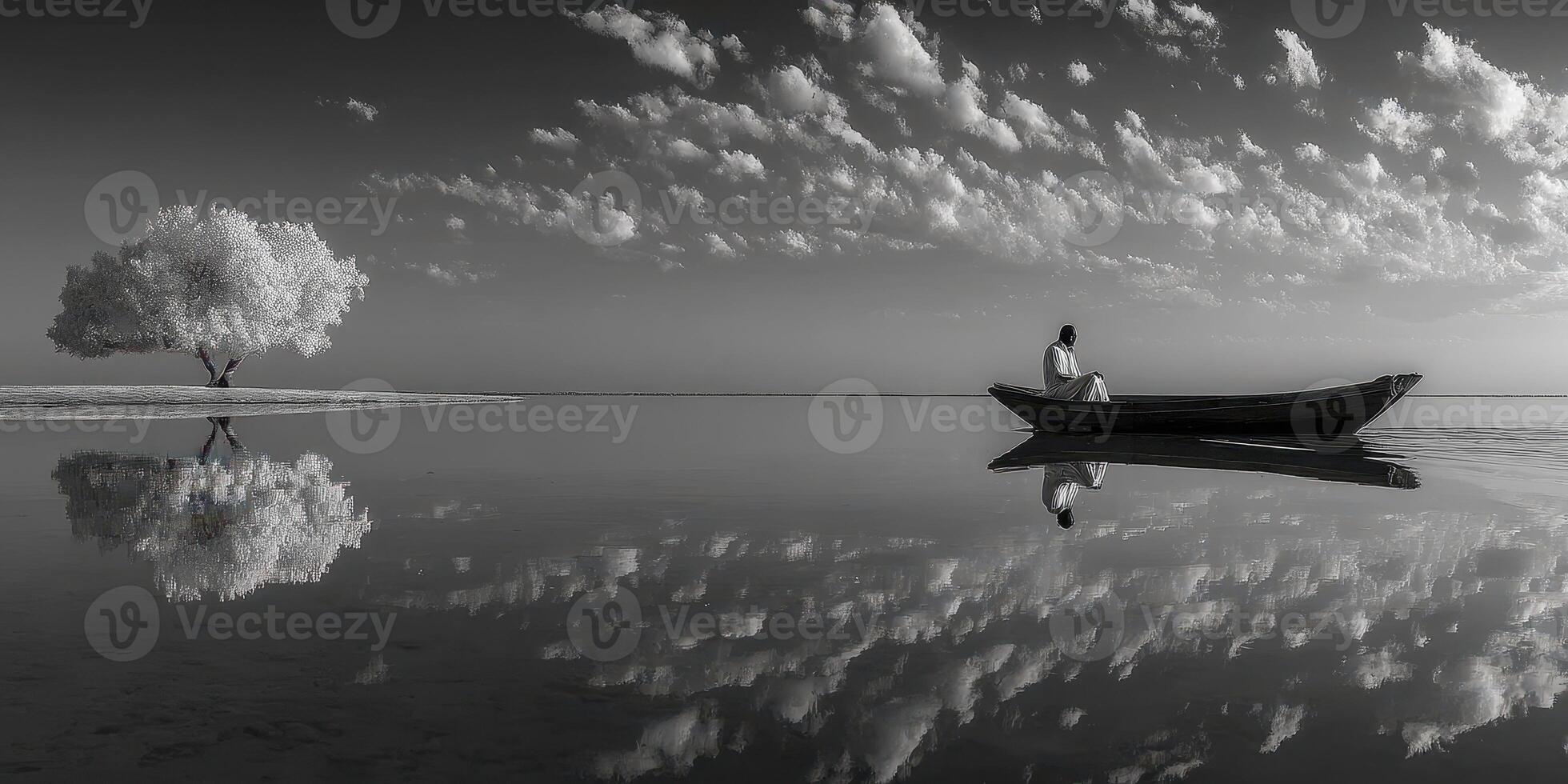 Man in a boat reflects on a calm lake surrounded by a solitary tree under a sky filled with clouds photo