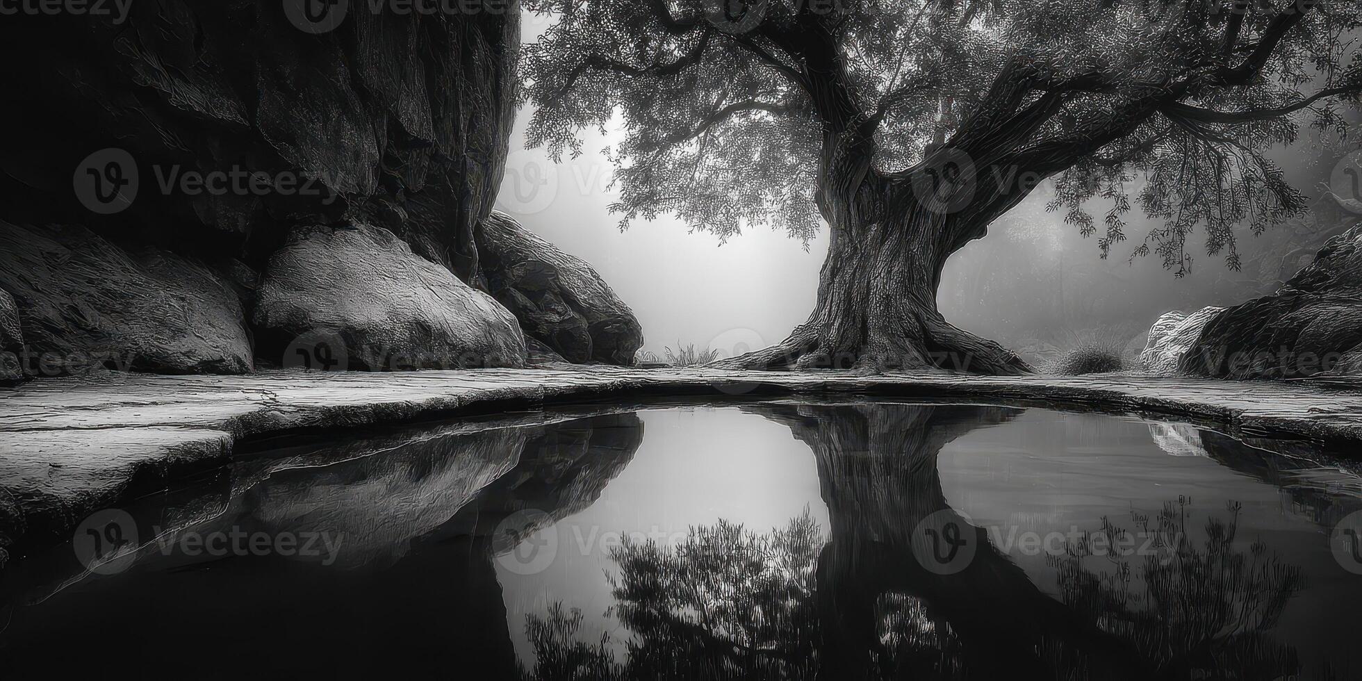 Large tree reflects in calm water amid rocky landscape on a foggy morning in nature photo