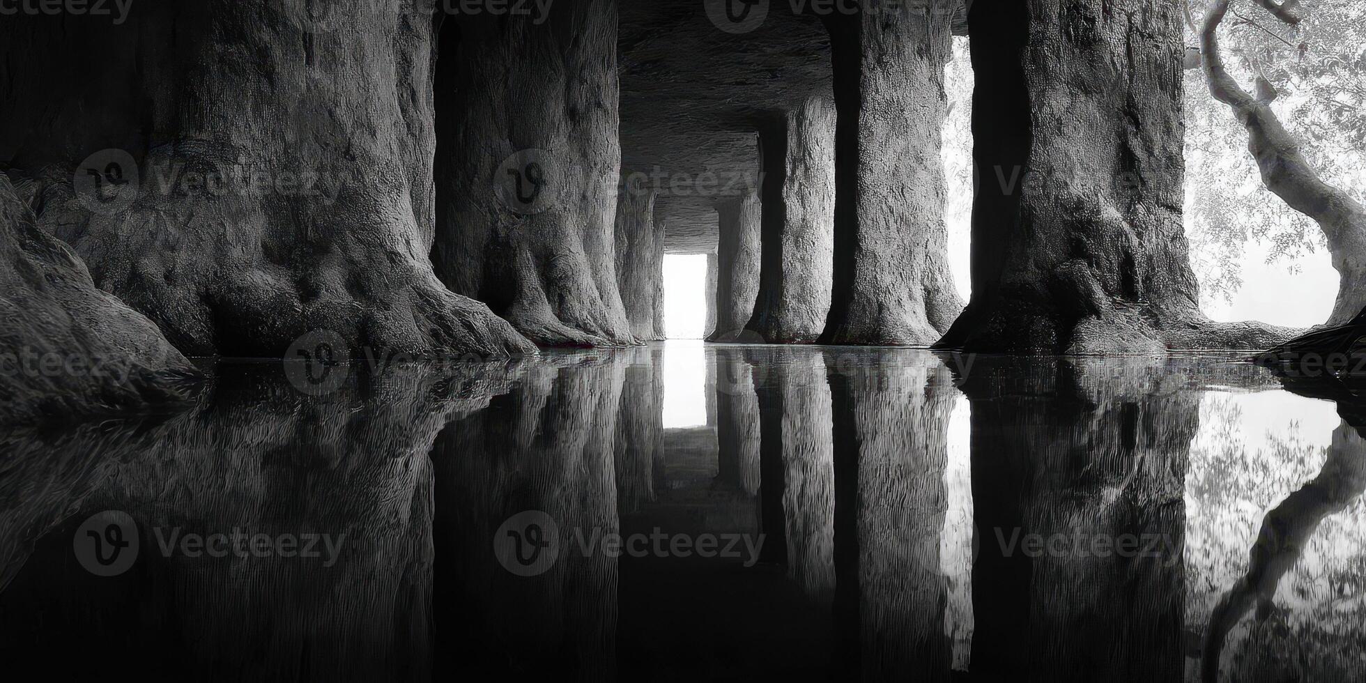 Exploring a cavernous space with tall, textured pillars reflected in still water at dusk photo