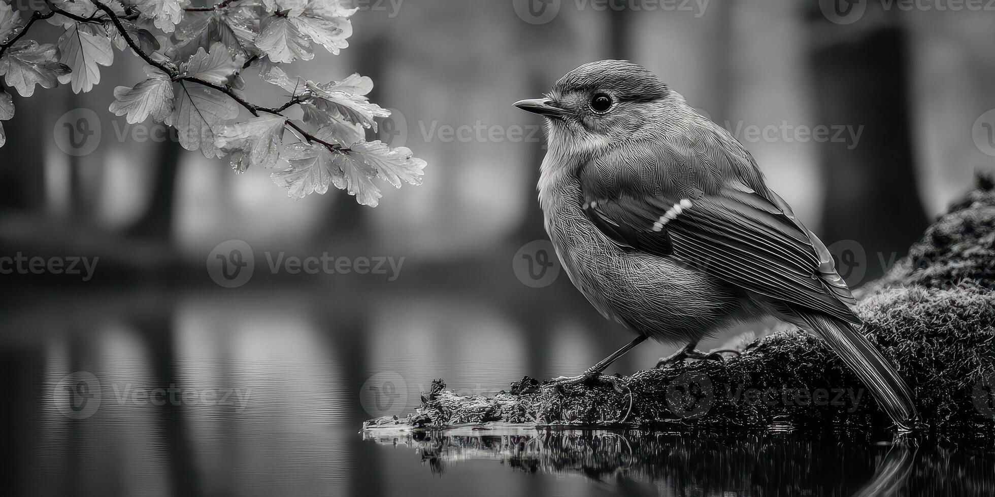 Small bird perched by calm water with trees in the background during a misty morning photo