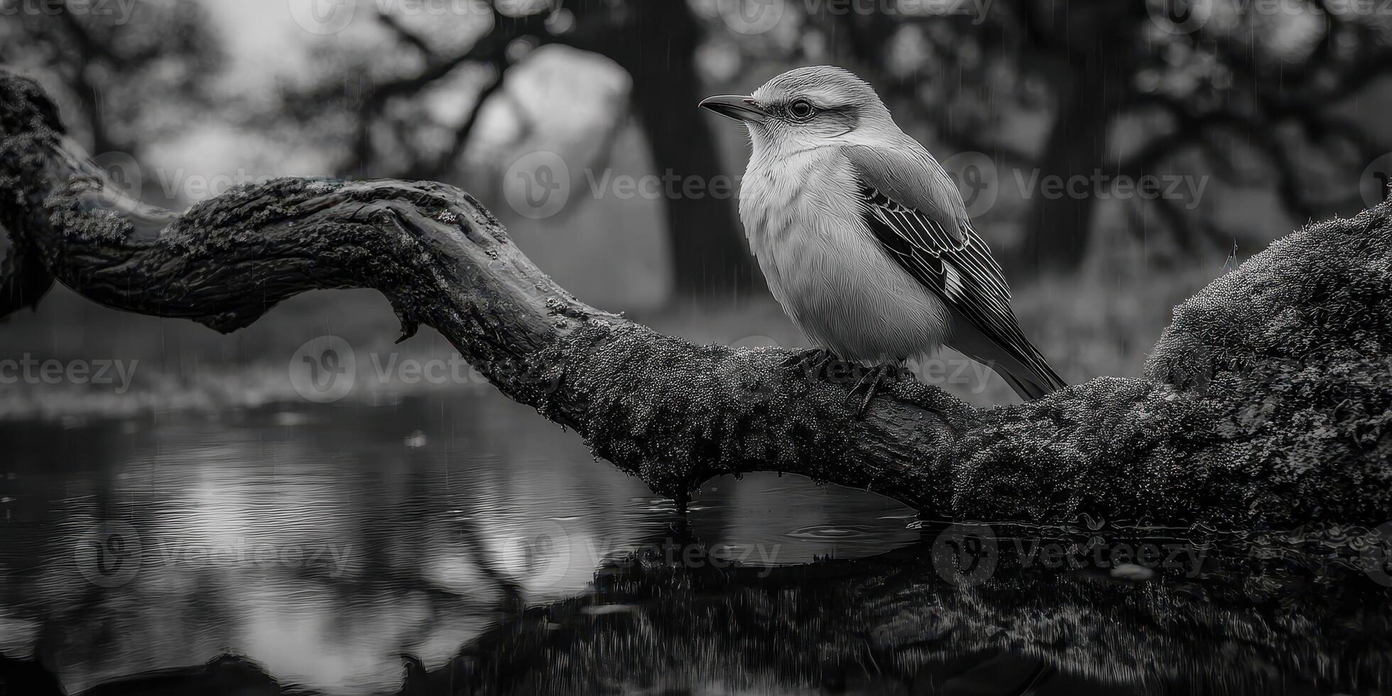 Bird perched on a mossy branch by a calm water body with trees in the background during early morning hours photo