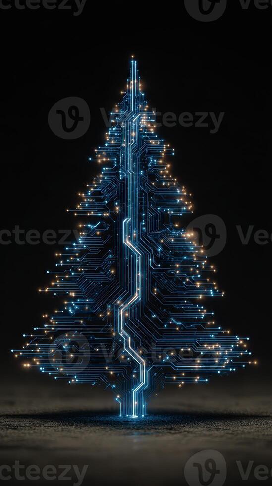 Futuristic Christmas tree design featuring glowing circuits and lights against a dark backdrop photo