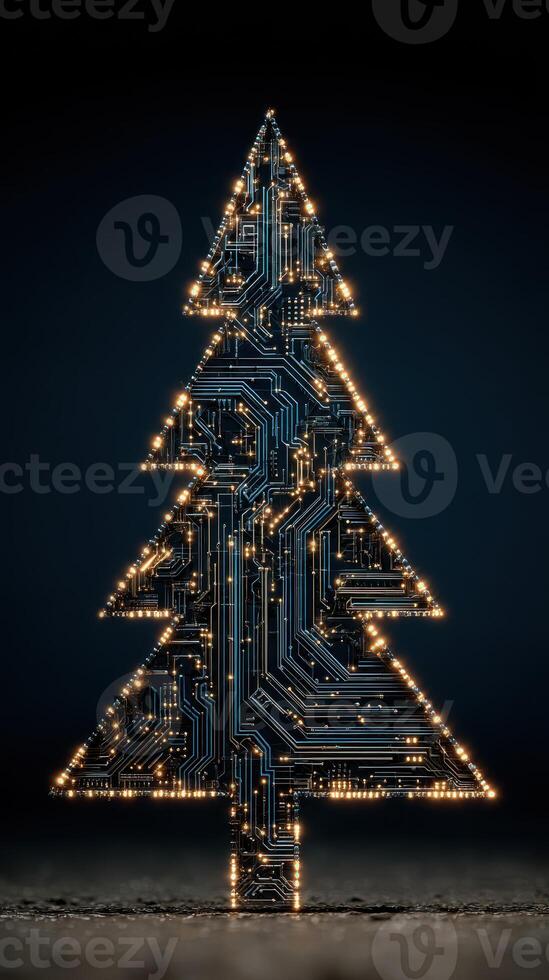 Colorful Christmas tree shaped circuit board illuminated with lights in a dark background creating a modern festive atmosphere photo