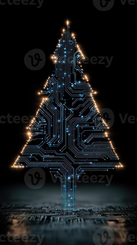 Christmas tree design made of circuit board patterns illuminated with lights in a dark setting photo