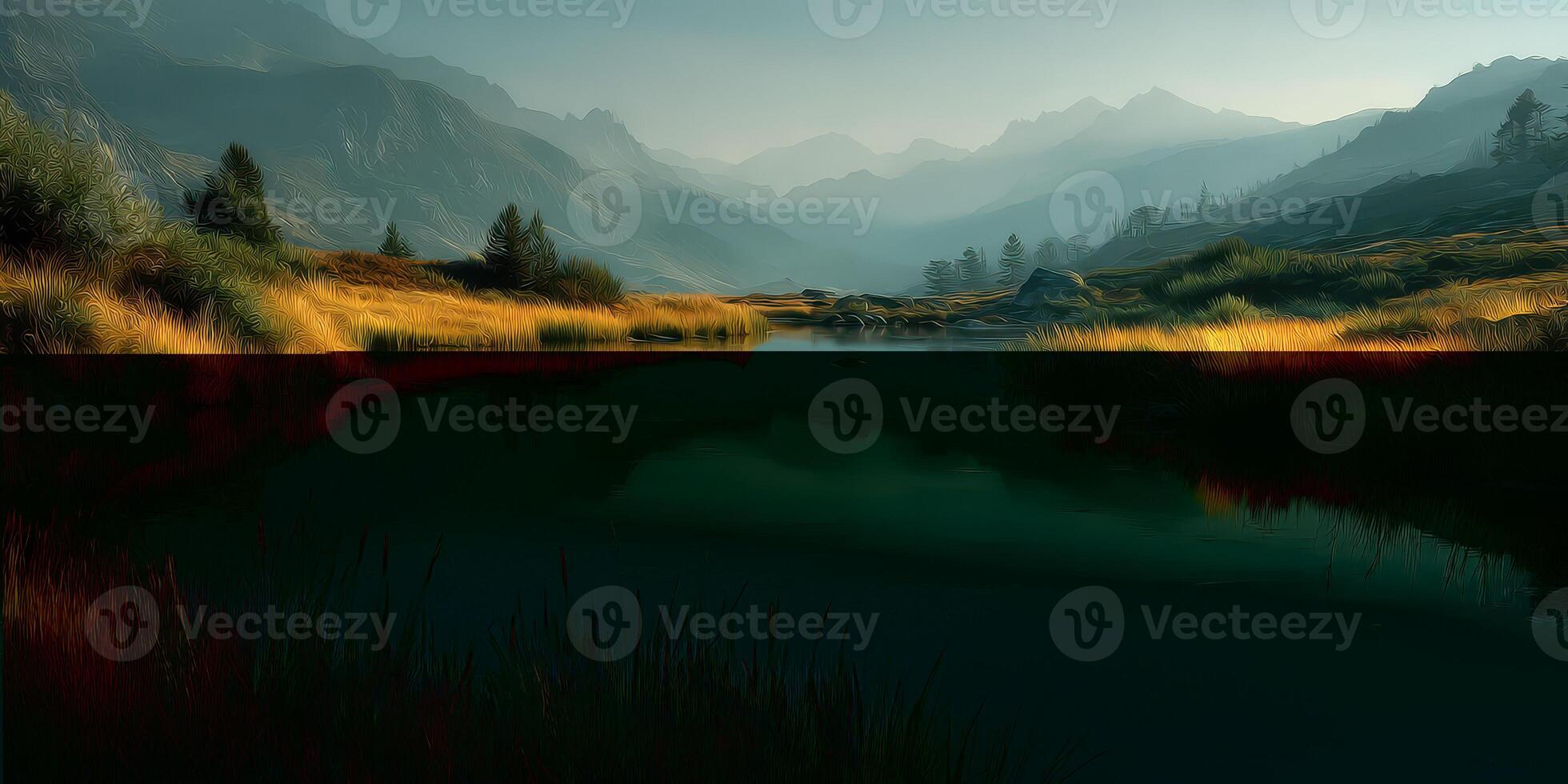 Calm waters reflect golden grass along a serene valley in the early morning light photo
