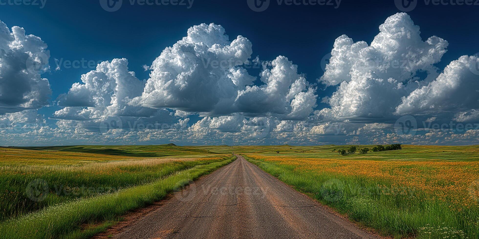 Vast dirt road stretches through lush green landscape under dramatic clouds in wide-open countryside photo