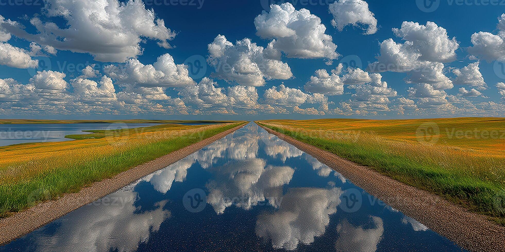 Wide expanse of farmland with reflecting water under a brilliant sky filled with fluffy clouds during the daytime photo