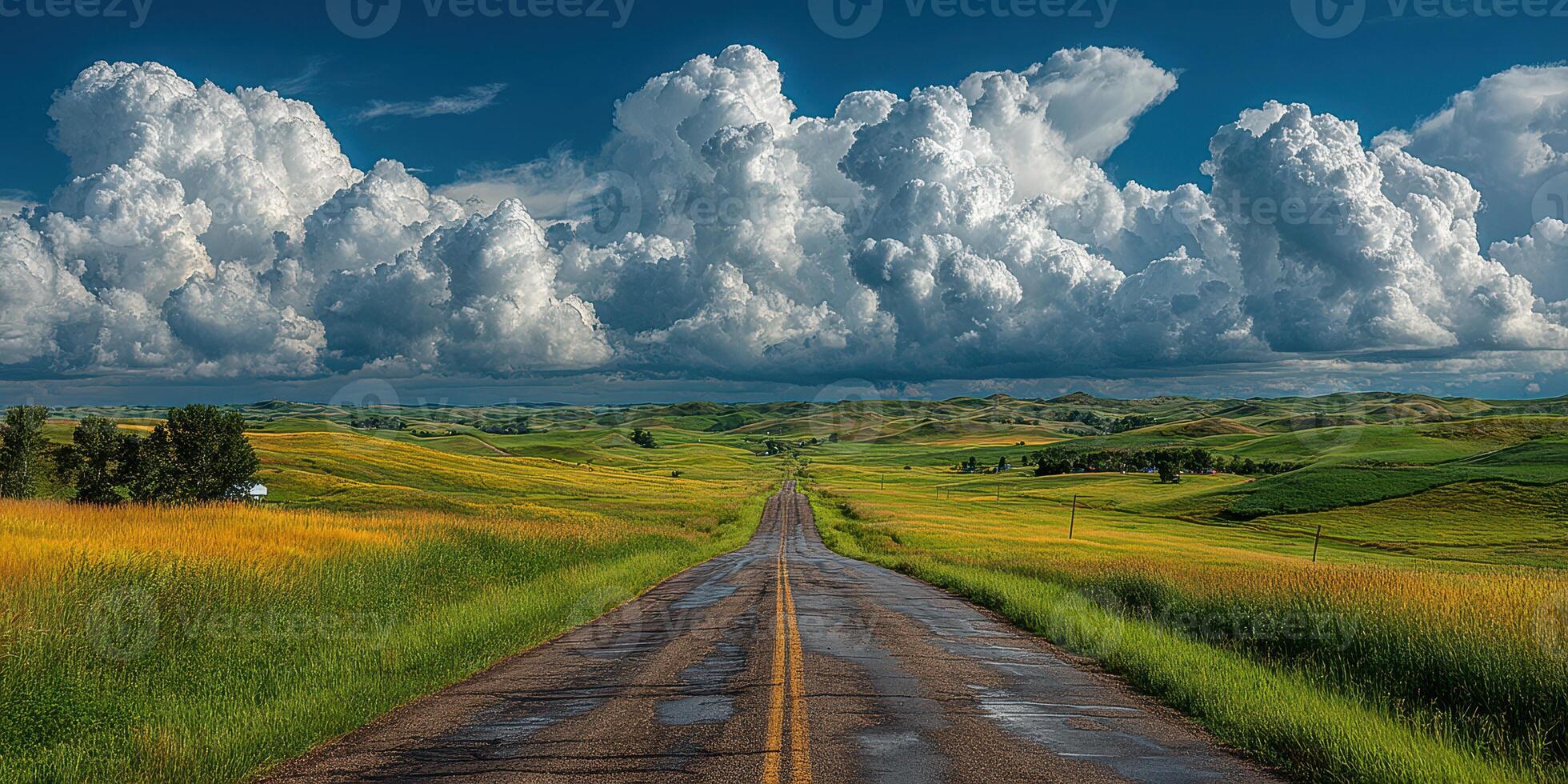 Expansive landscape with rolling hills and dramatic clouds in a rural area during the day photo