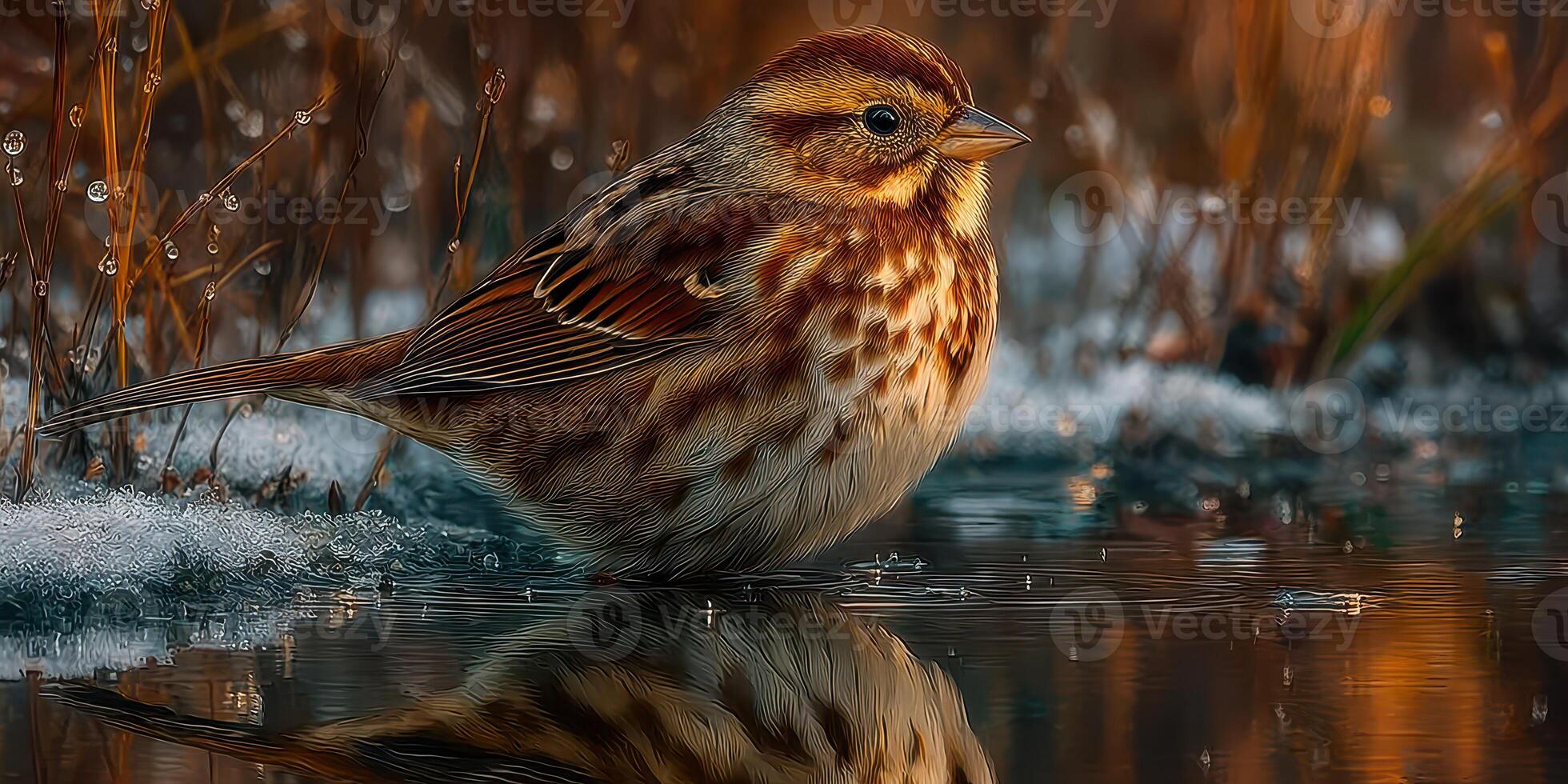 Brown Song Sparrow foraging in shallow water surrounded by frost and grass during early morning light photo