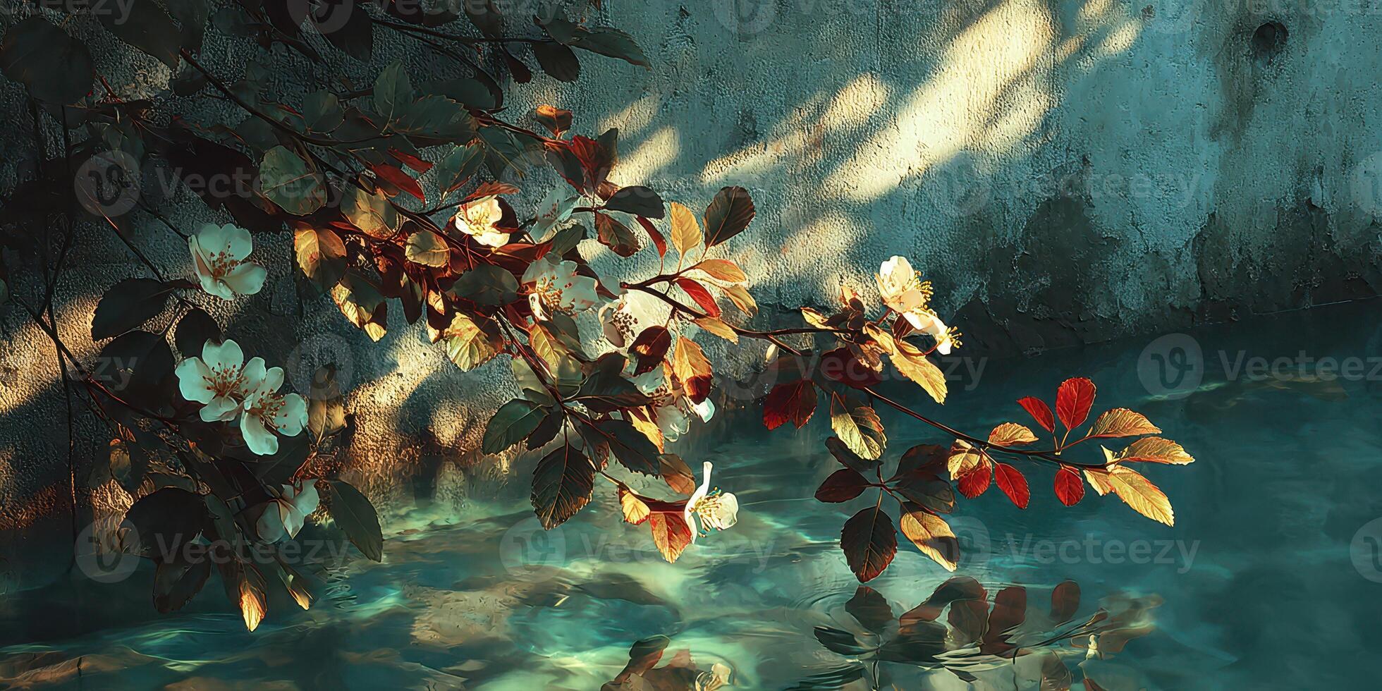 Captivating floral reflections in tranquil blue water with sunlight dancing on the surface photo
