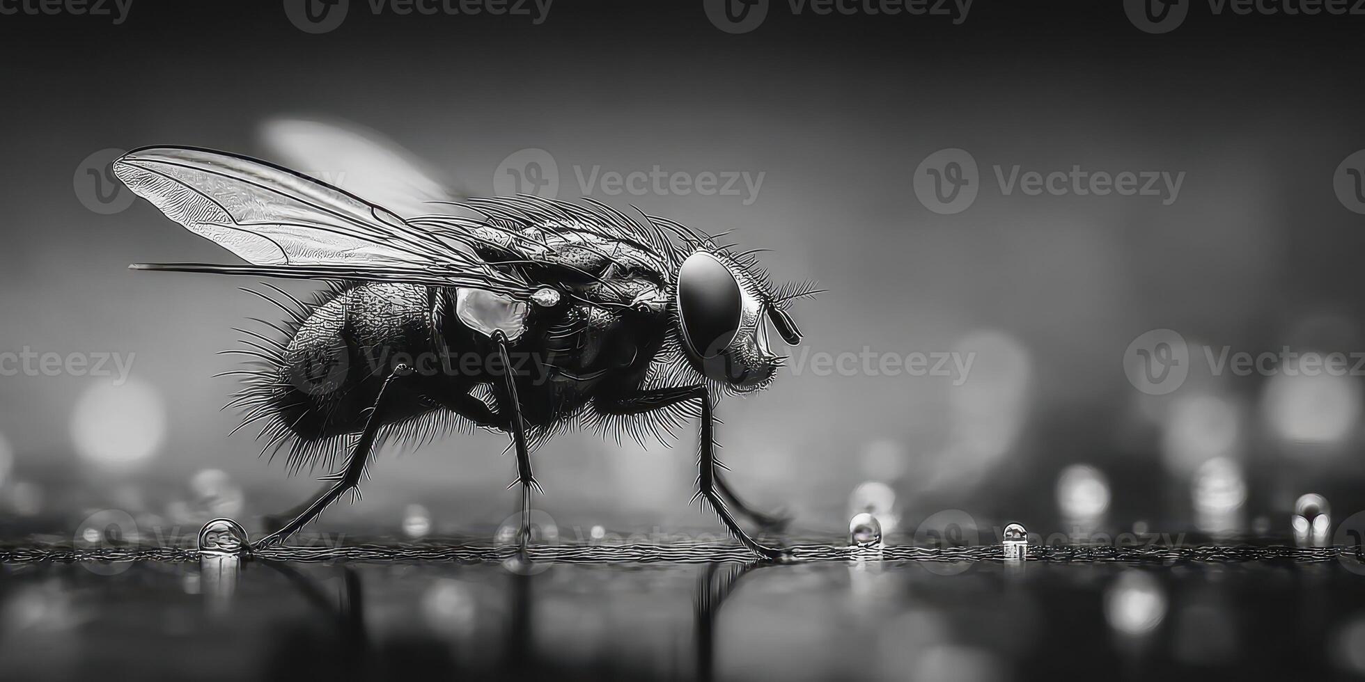 Close-up view of a fly walking on a surface covered in droplets at dawn against a blurred background photo