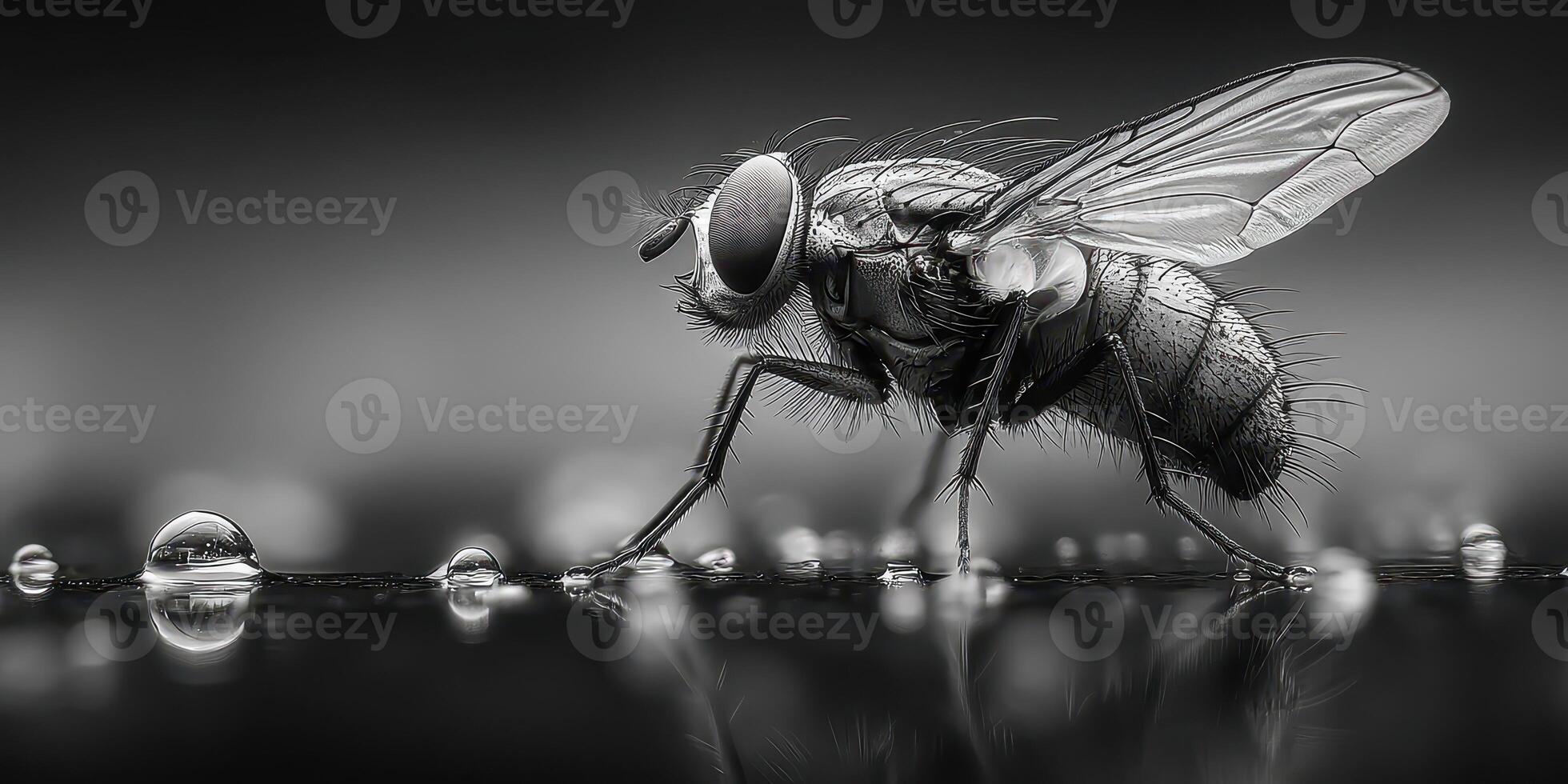 Close-up view of a fly on a surface covered in water droplets, highlighting fine details of its body in a monochromatic setting photo