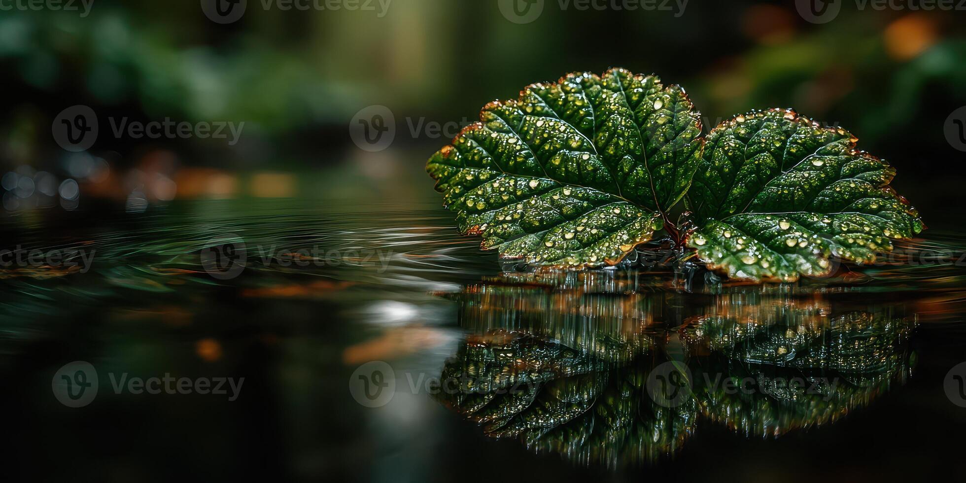 Green leaves with water droplets reflecting in calm water during a serene moment in nature photo