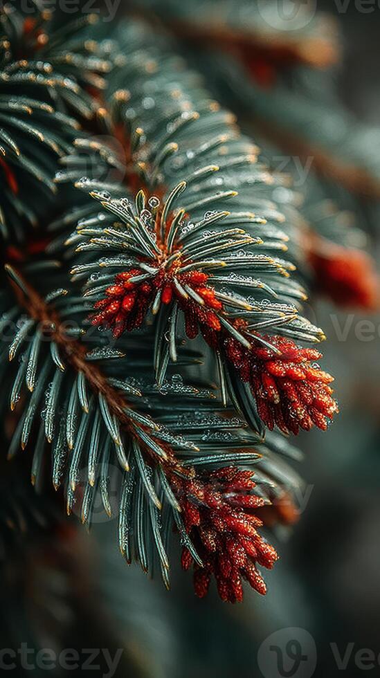 Close-up view of pine tree branches with bright red buds against a blurred background photo