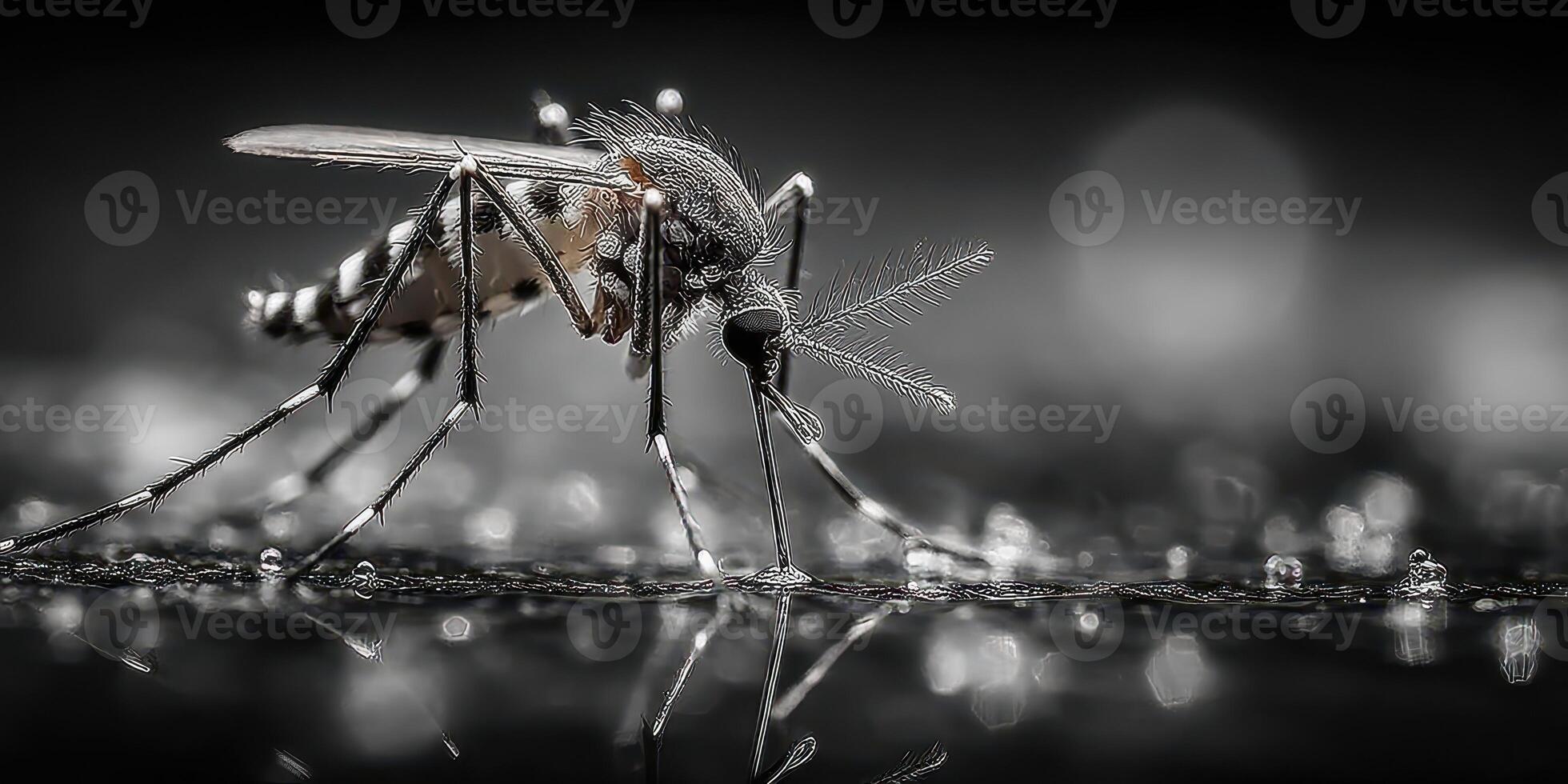 Close-up view of a mosquito feeding on water droplets in a dark environment during nighttime photo