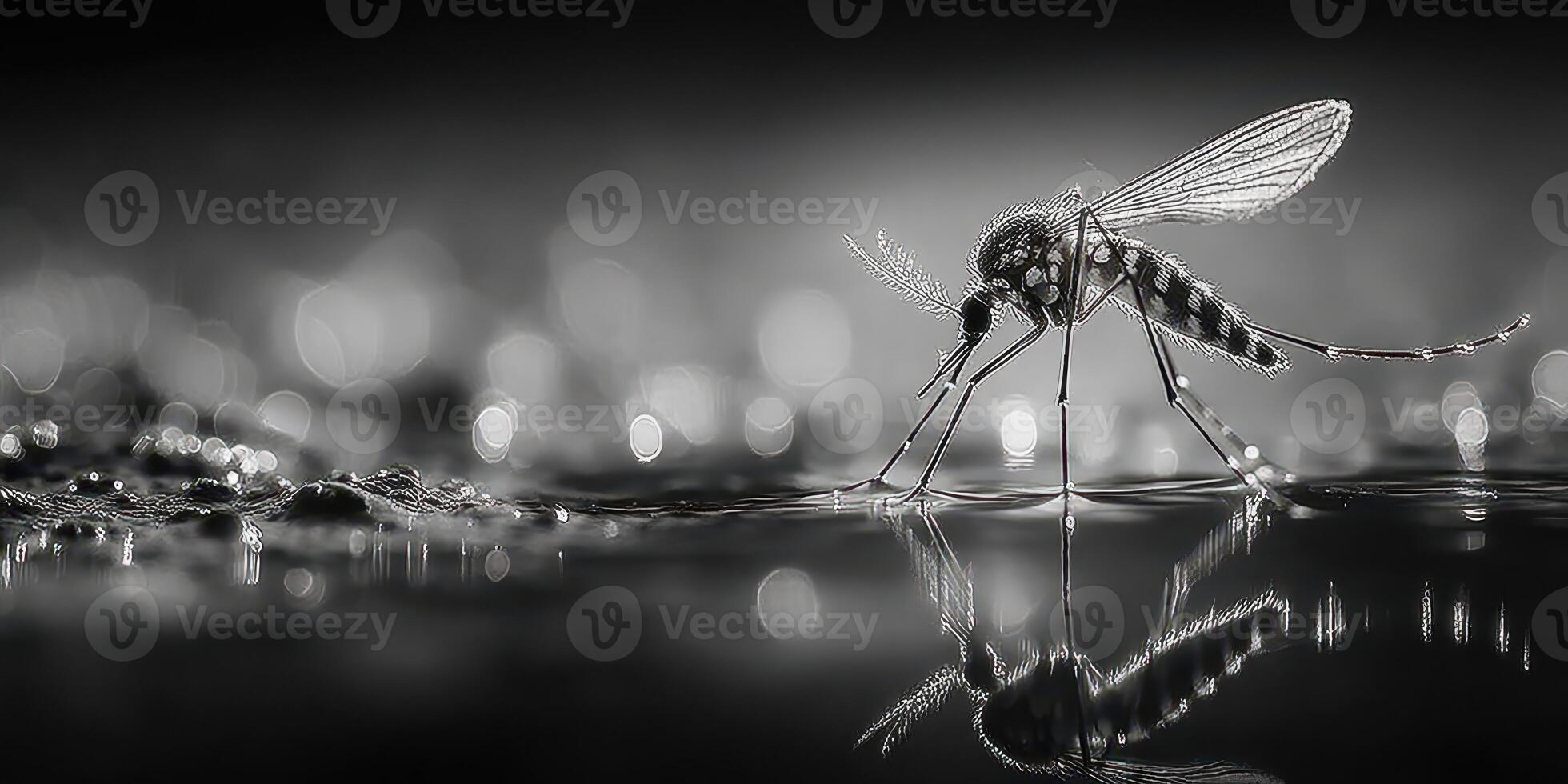 Mosquito resting on water surface with reflection in a serene, blurred background during twilight photo