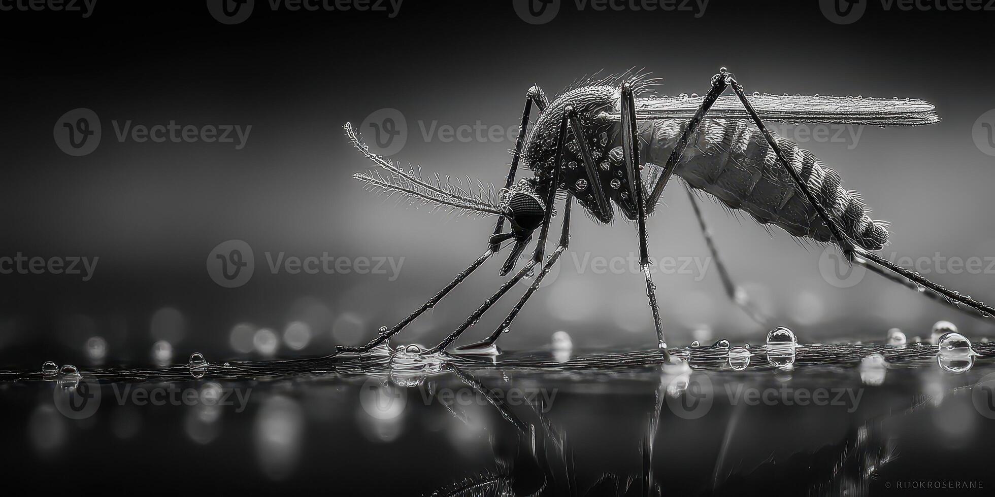 Close-up of a mosquito on a surface with water droplets captured in black and white during early morning hours photo