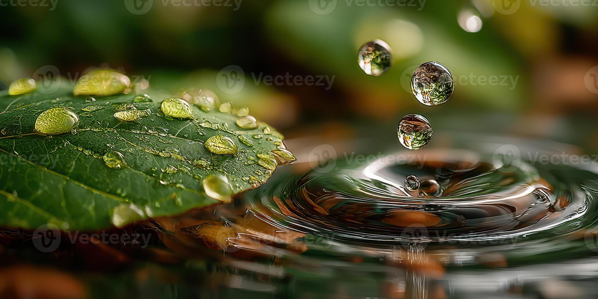 Water droplets landing on leaves create ripples on a tranquil surface in a natural setting during daytime photo