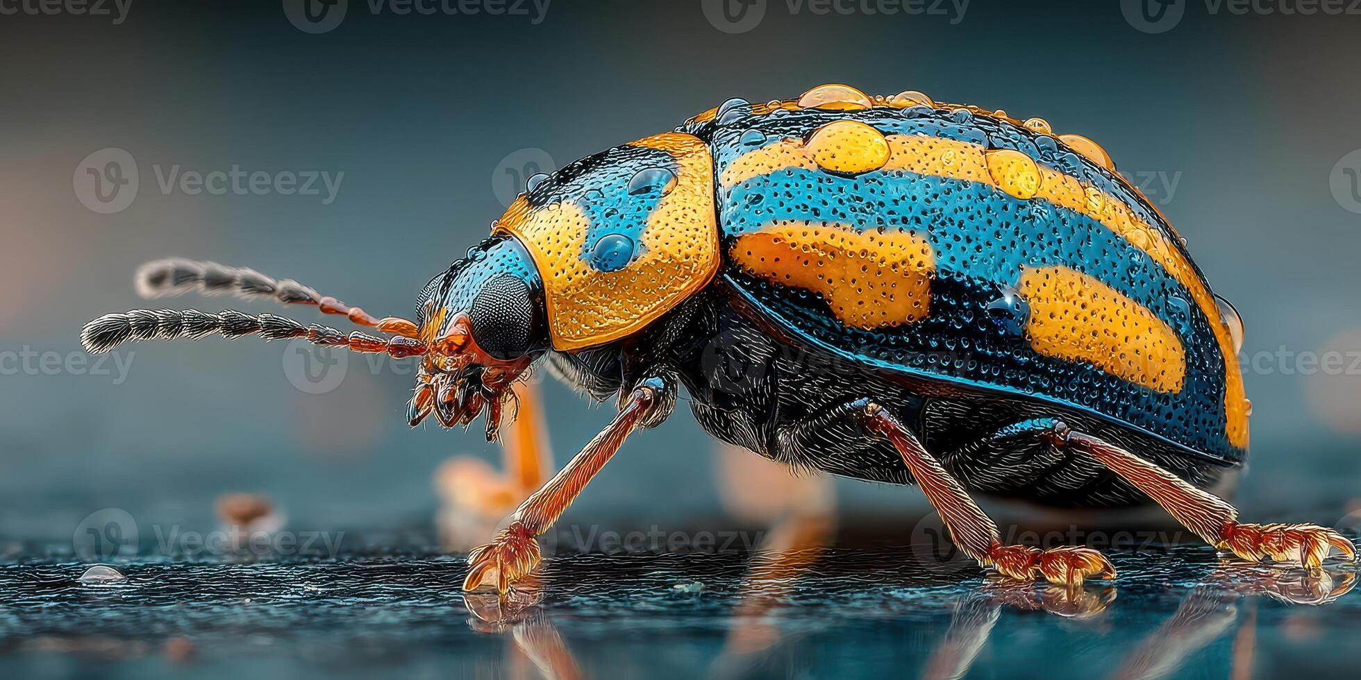Colorful beetle walking on a rain-soaked surface outdoors during daylight photo