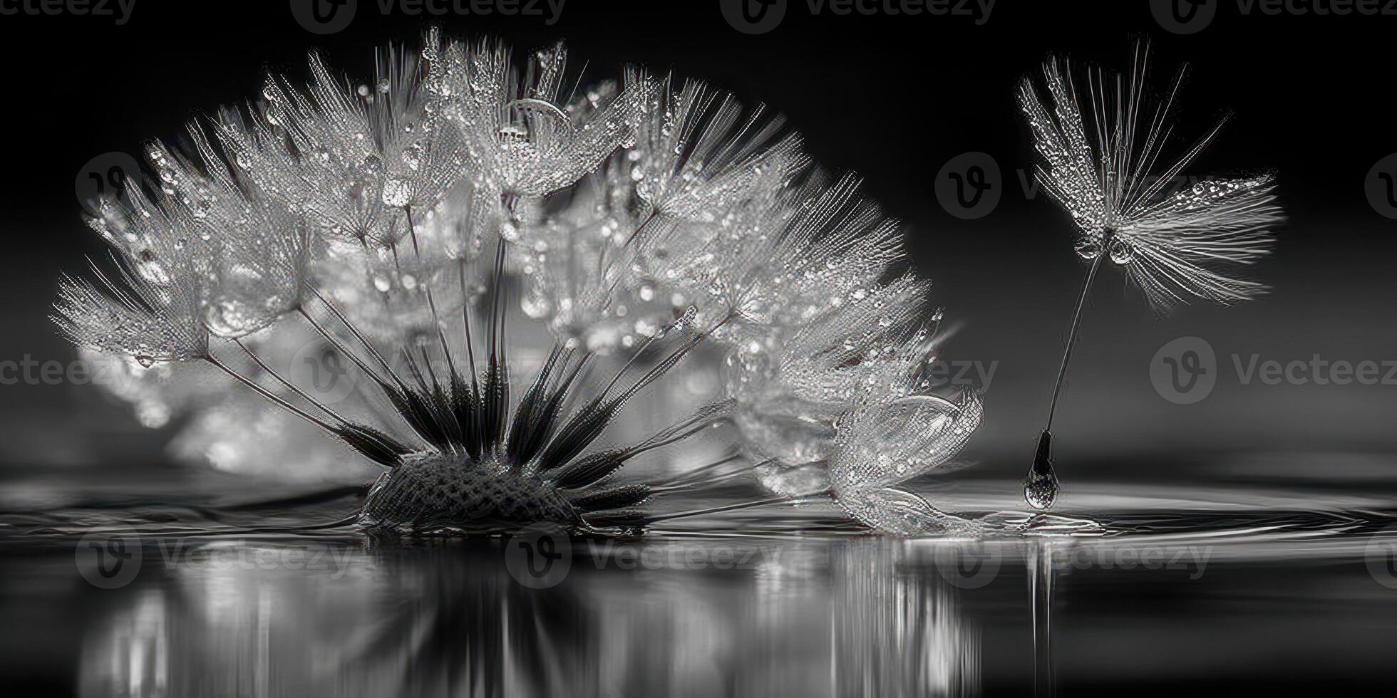 Dandelion seeds drift gently on a calm water surface, creating a serene and delicate monochrome composition photo