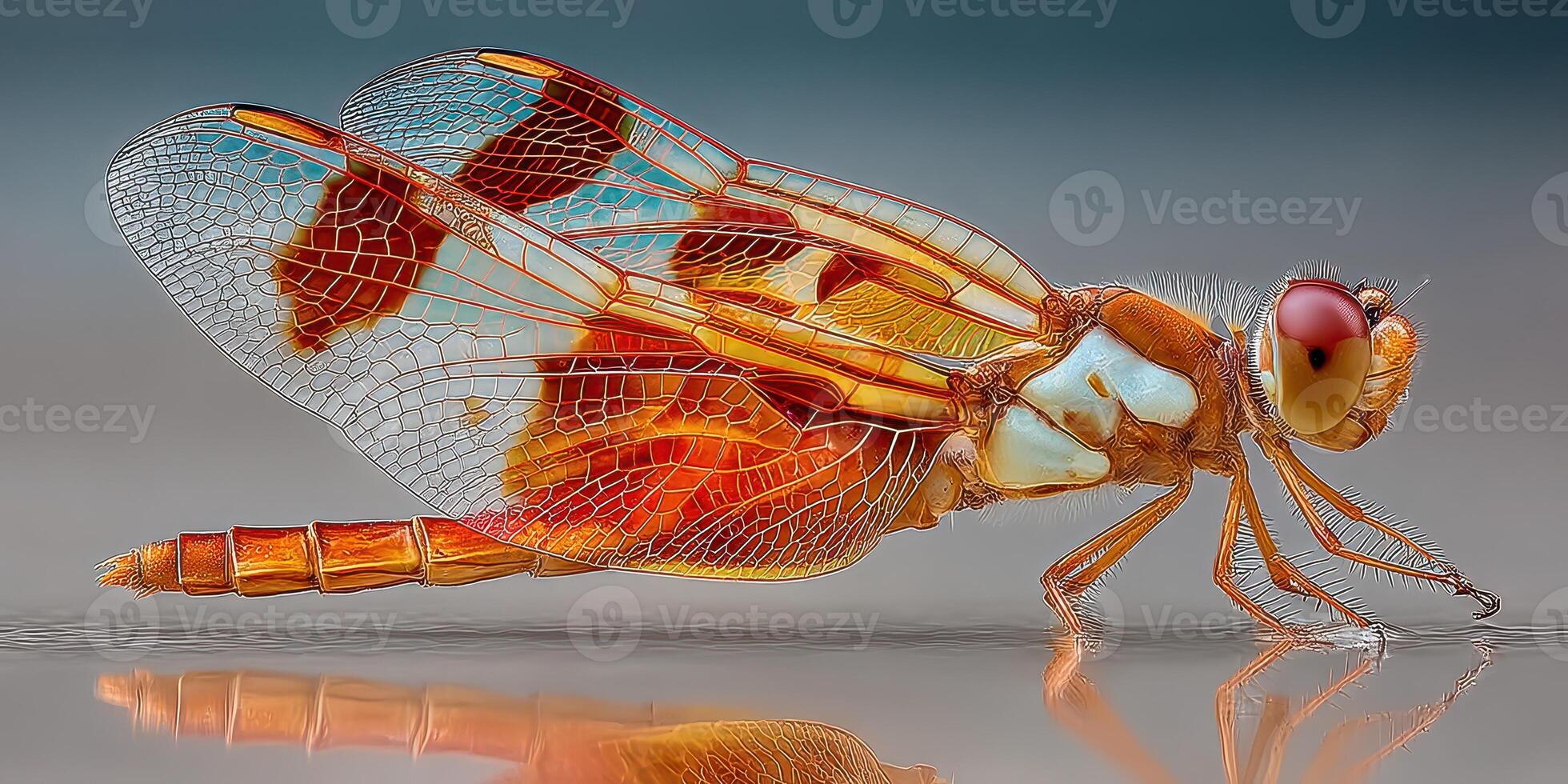 Detailed view of a dragonfly showcasing vibrant colors and intricate wing patterns photo