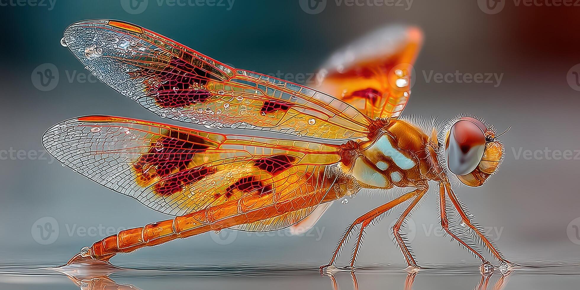 Stunning close-up of an orange dragonfly perched on a surface with water droplets in a natural setting during daylight photo