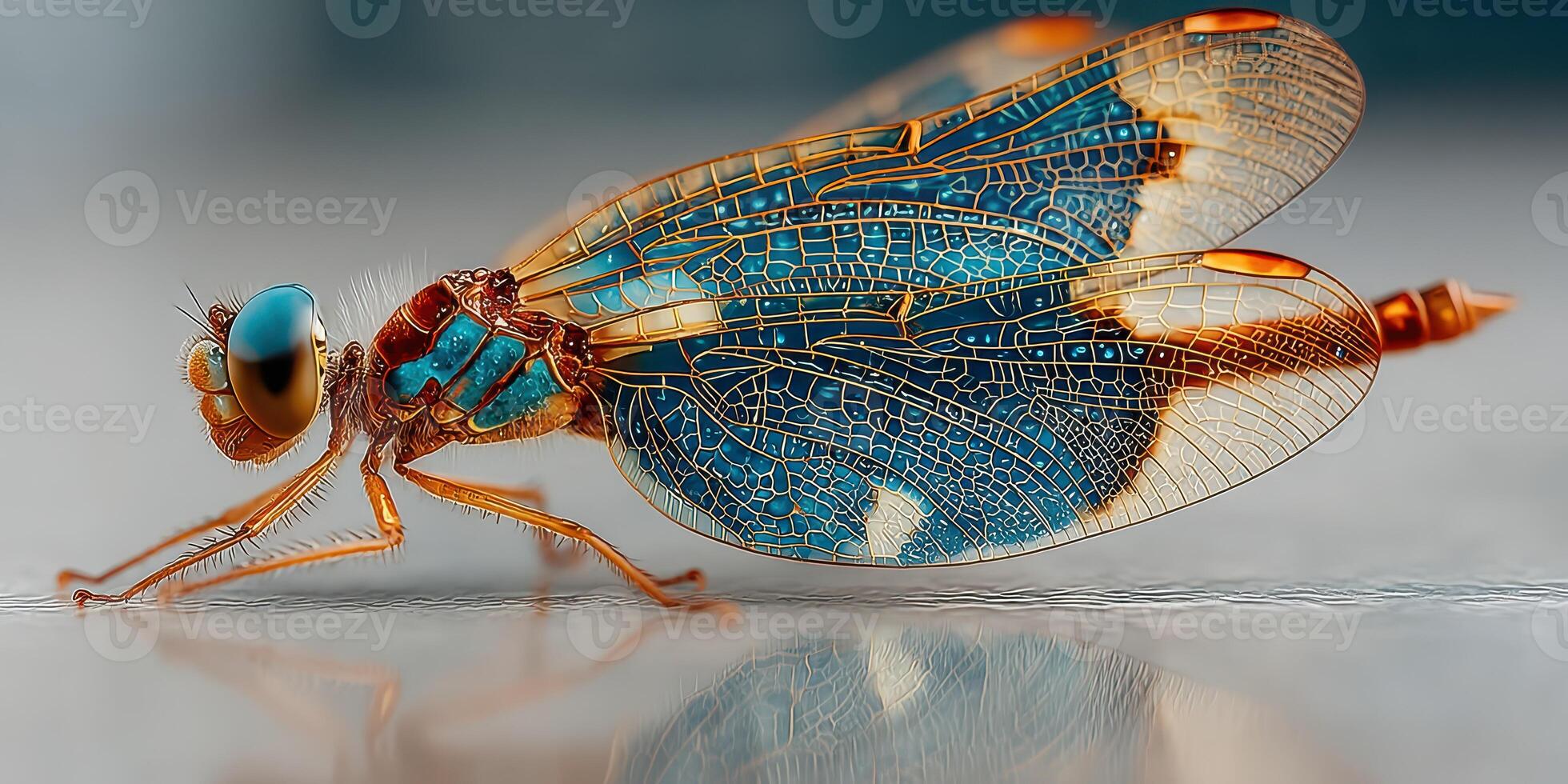 Detailed close-up of a vibrant blue dragonfly perched on a smooth surface in natural light during the day photo