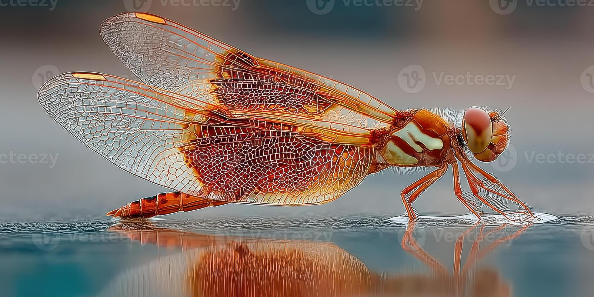 Beautiful dragonfly perched on a reflective surface near water on a calm summer day in nature photo
