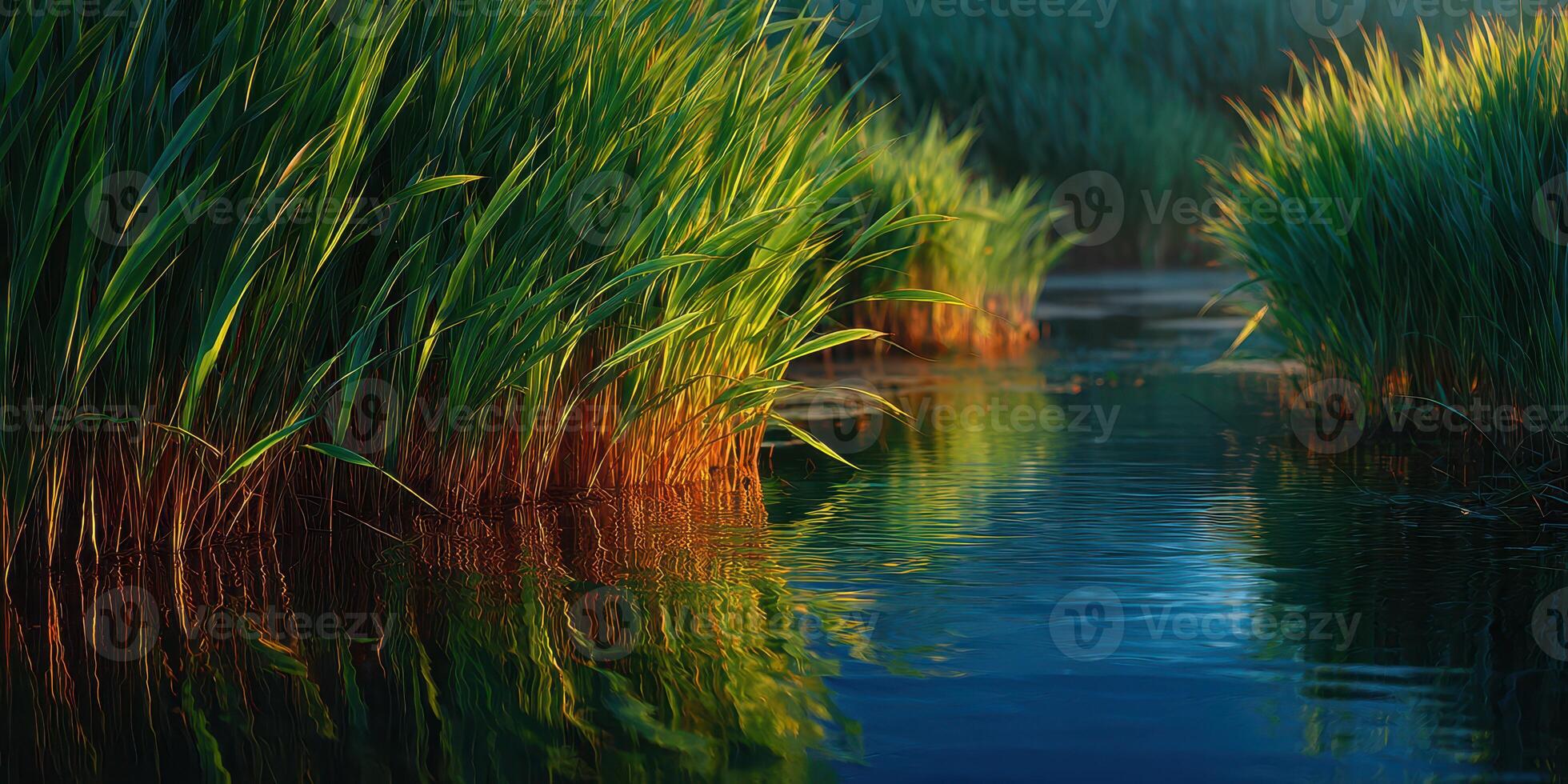 Serenity in a tranquil wetland at dawn with vibrant reflections and lush vegetation photo