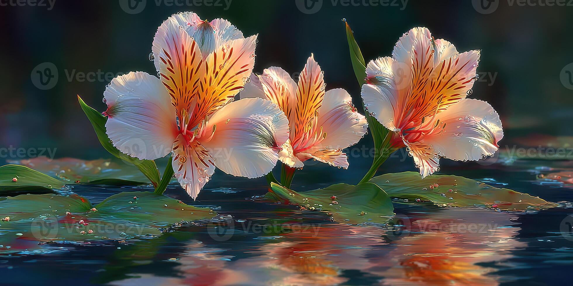 Beautiful lilies bloom on calm water in a tranquil setting during the golden hour near a serene garden photo