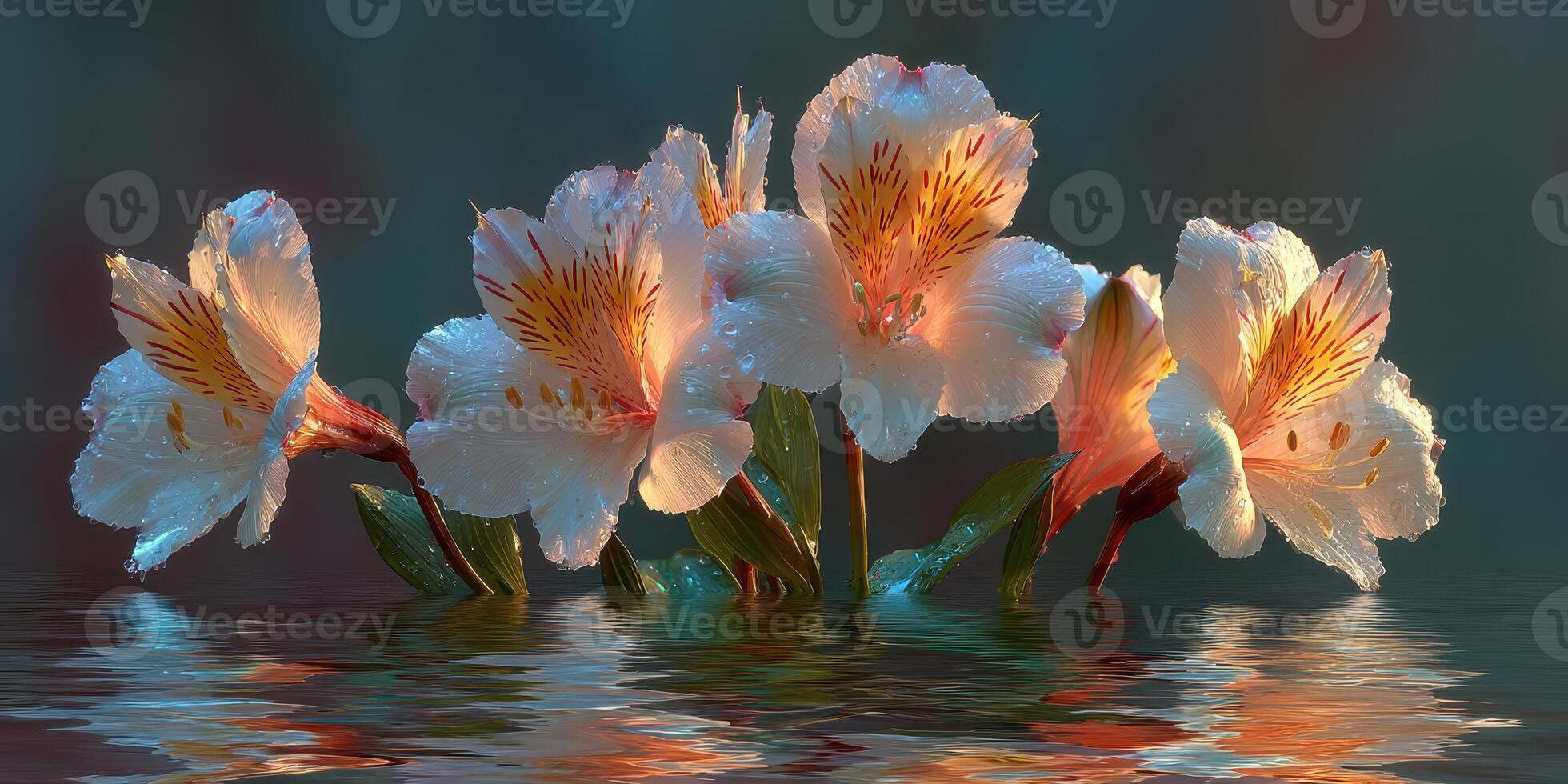 Elegant white flowers with intricate yellow and orange centers float on calm water, creating a serene natural setting photo