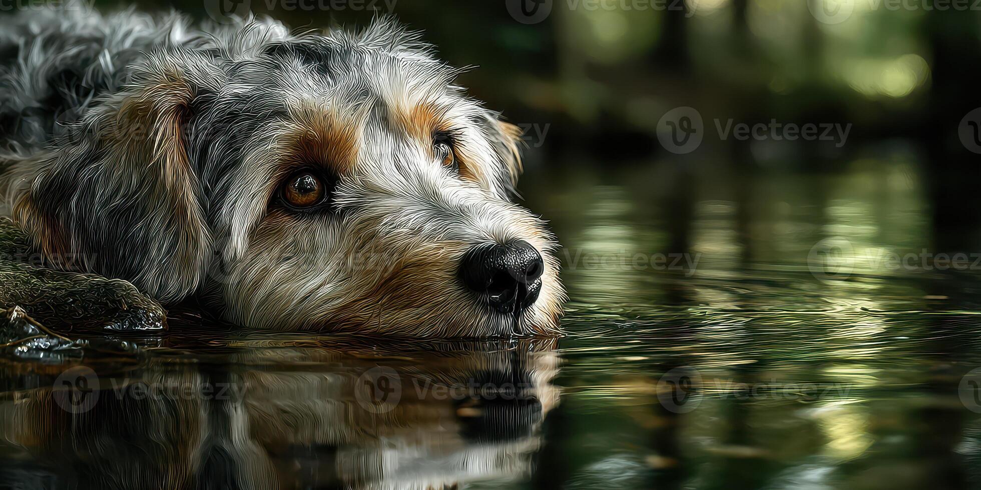 Dog resting peacefully by a calm stream in a serene forest setting during the afternoon light photo