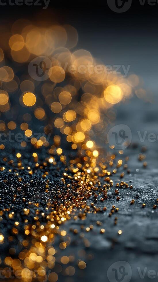 Glistening golden particles spread across a textured dark surface during twilight hours photo
