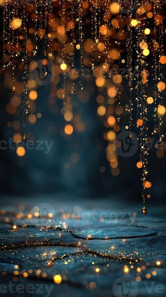 Beautiful golden bokeh lights create a magical atmosphere in a darkened space during evening hours photo