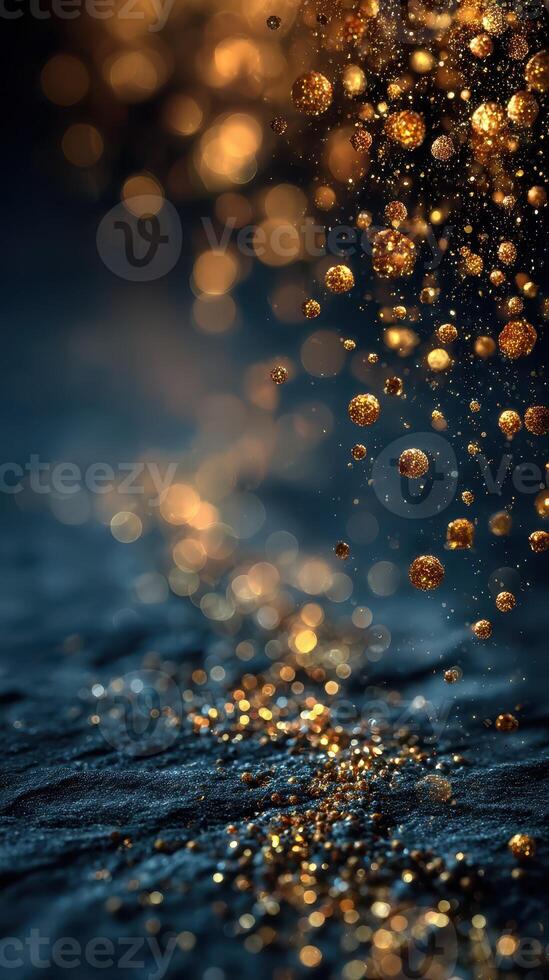 Sparkling golden droplets create an enchanting display on a dark surface during a whimsical evening photo