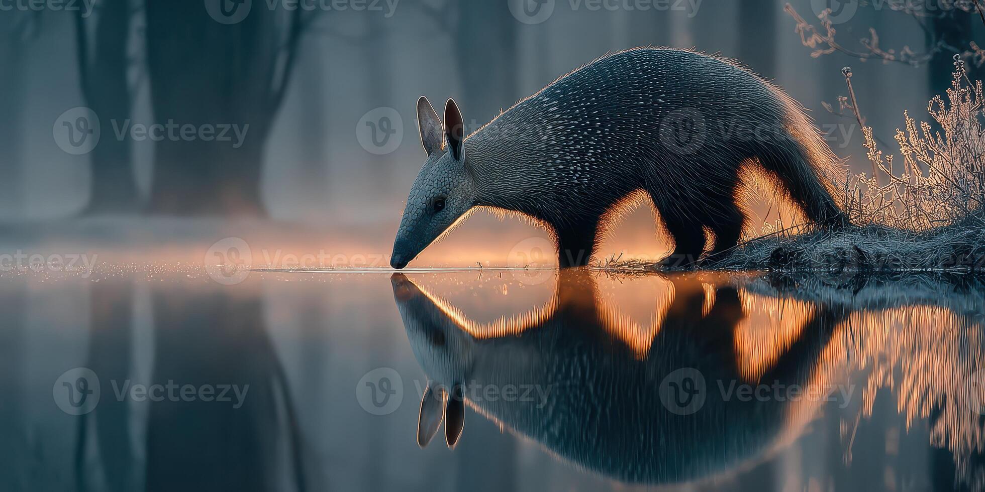A nocturnal creature explores the tranquil waters at twilight in a serene natural landscape photo
