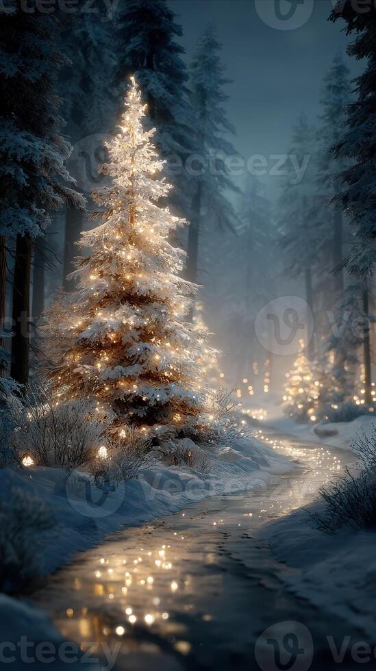 Softly glowing snow-covered path lined with illuminated trees in a serene winter forest at dusk photo