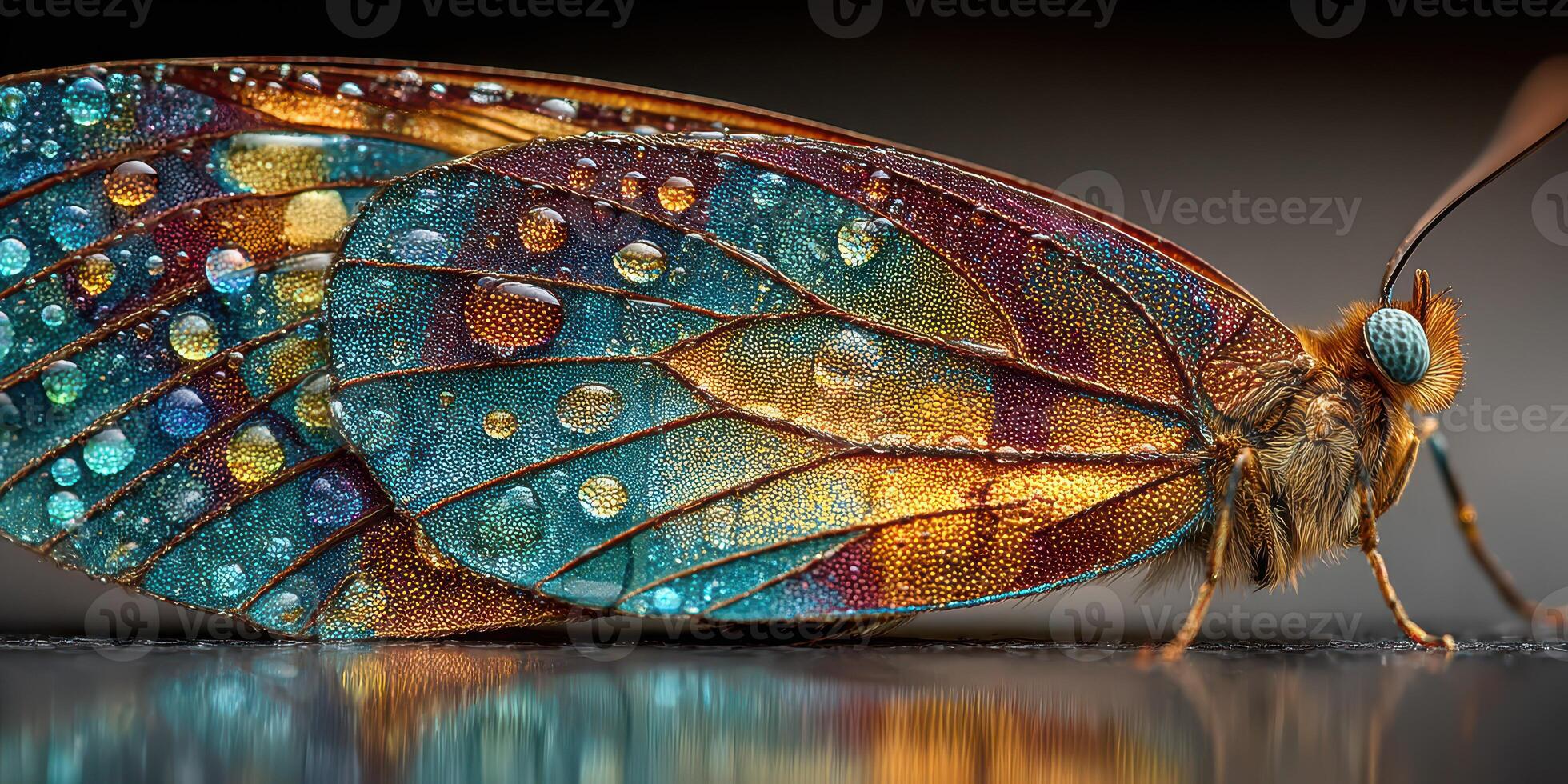 Butterfly wing with intricate patterns and water droplets captured in high detail showcasing vibrant colors photo
