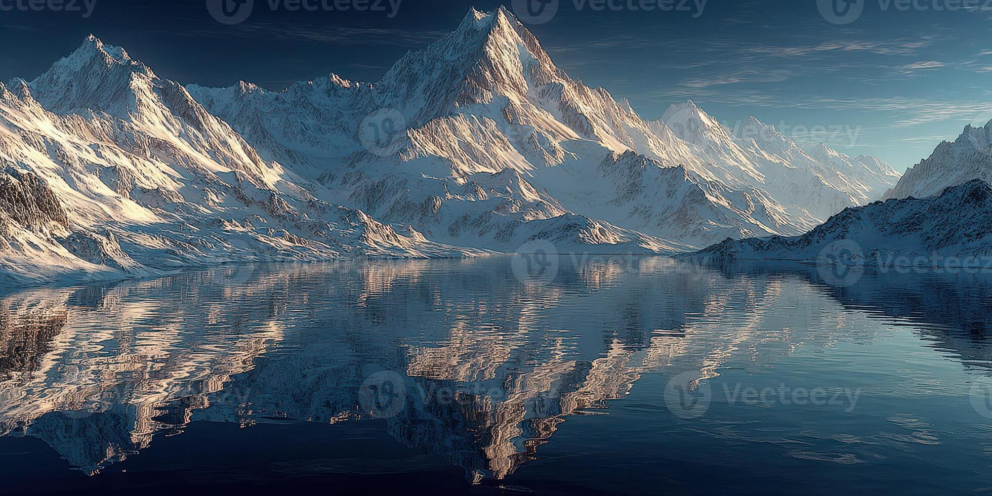 Snow-capped mountains reflect in calm lake under clear blue sky during early morning light photo