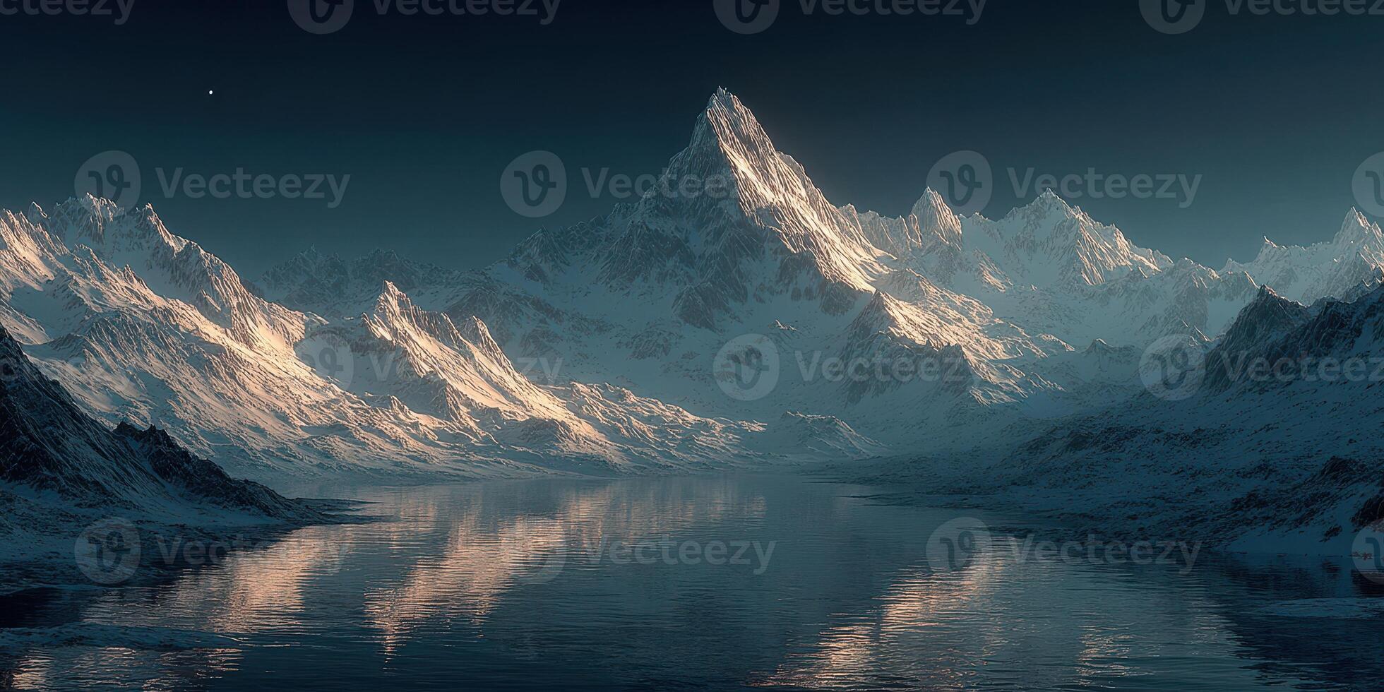 Majestic mountain landscape reflecting in tranquil lake during twilight hours in a serene wilderness setting photo