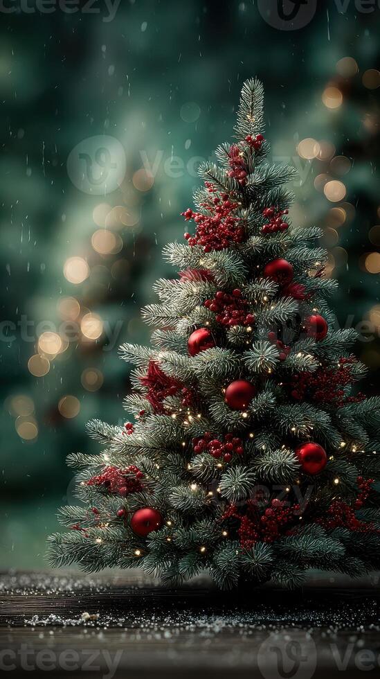 Festive Christmas tree adorned with red ornaments and twinkling lights in a winter wonderland photo
