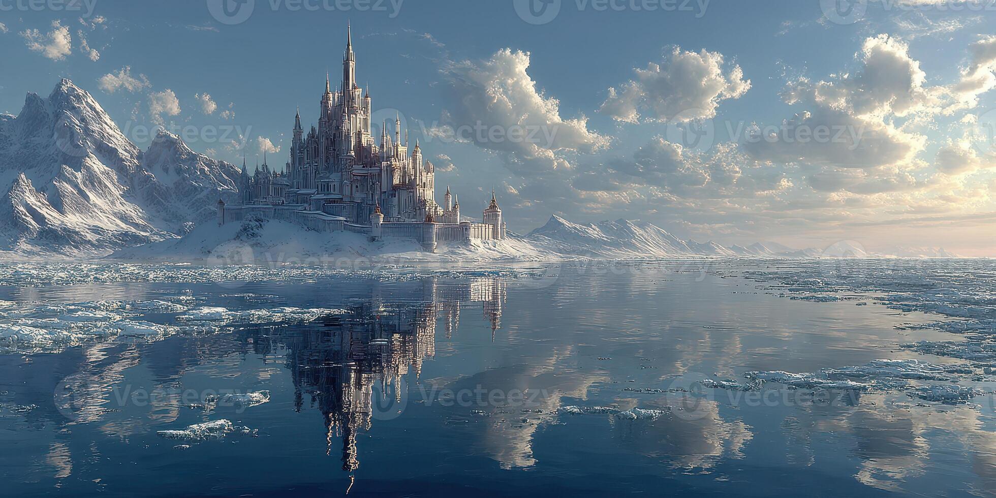 Majestic castle stands on icy shores with reflecting waters under a bright sky photo