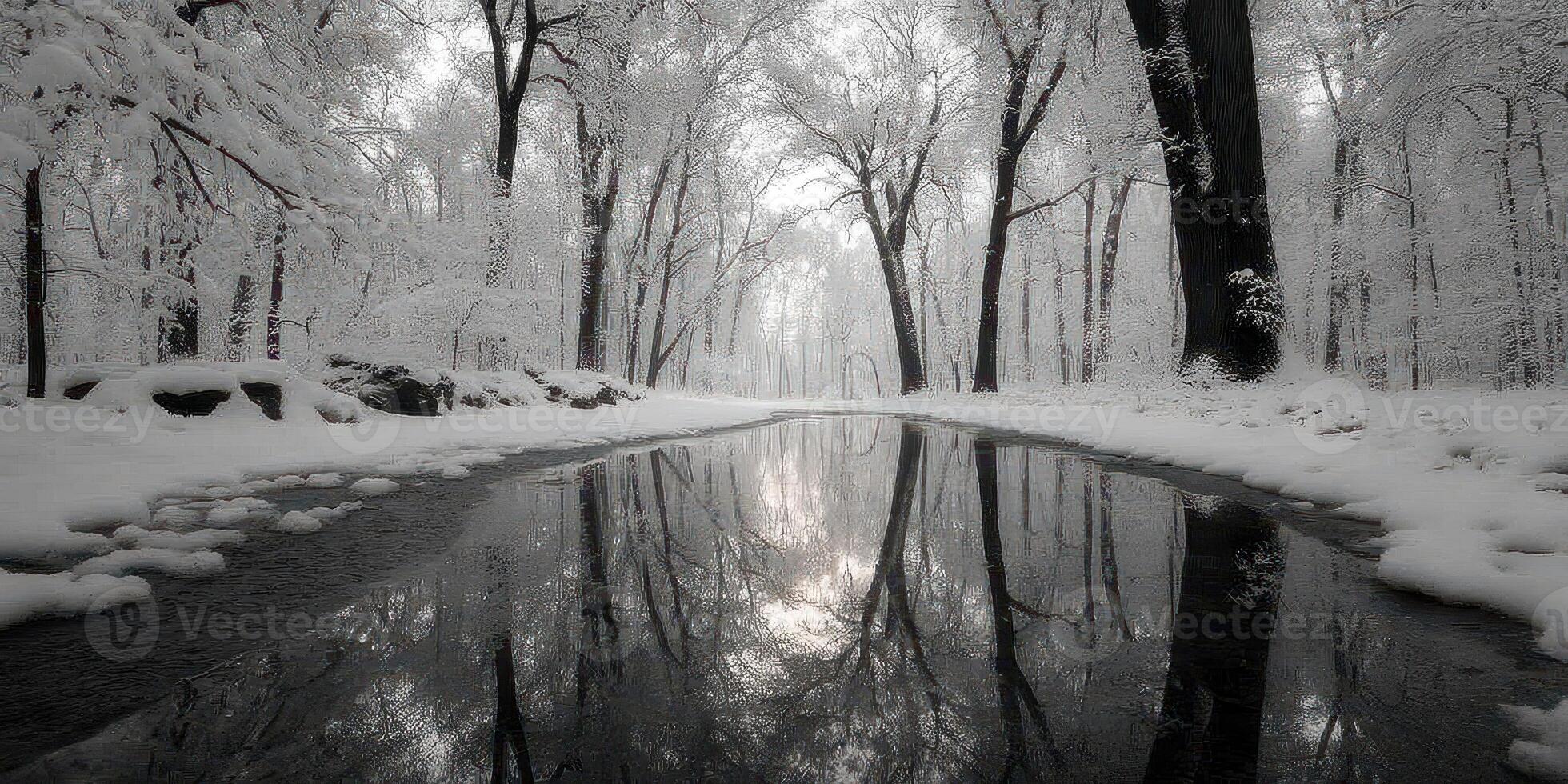Snowy forest landscape reflects tranquil water on a cold winter day in a serene natural setting photo