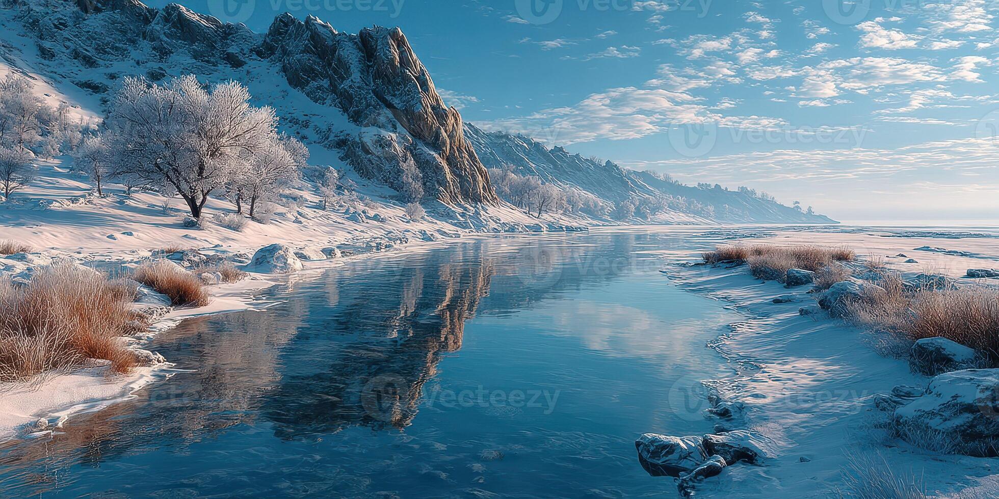 Snowy landscape featuring a serene river and frosted trees near rocky cliffs during winter photo